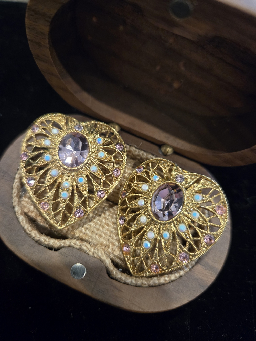 1928 Vintage Gold Tone Renaissance Style Heart Drop Earrings Faceted Cabochon